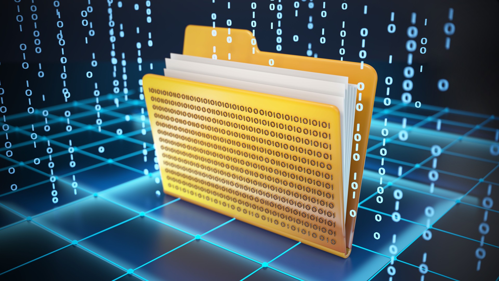 Digital folder displaying binary data on a grid background represents data storage and technology concepts. Data leak concept