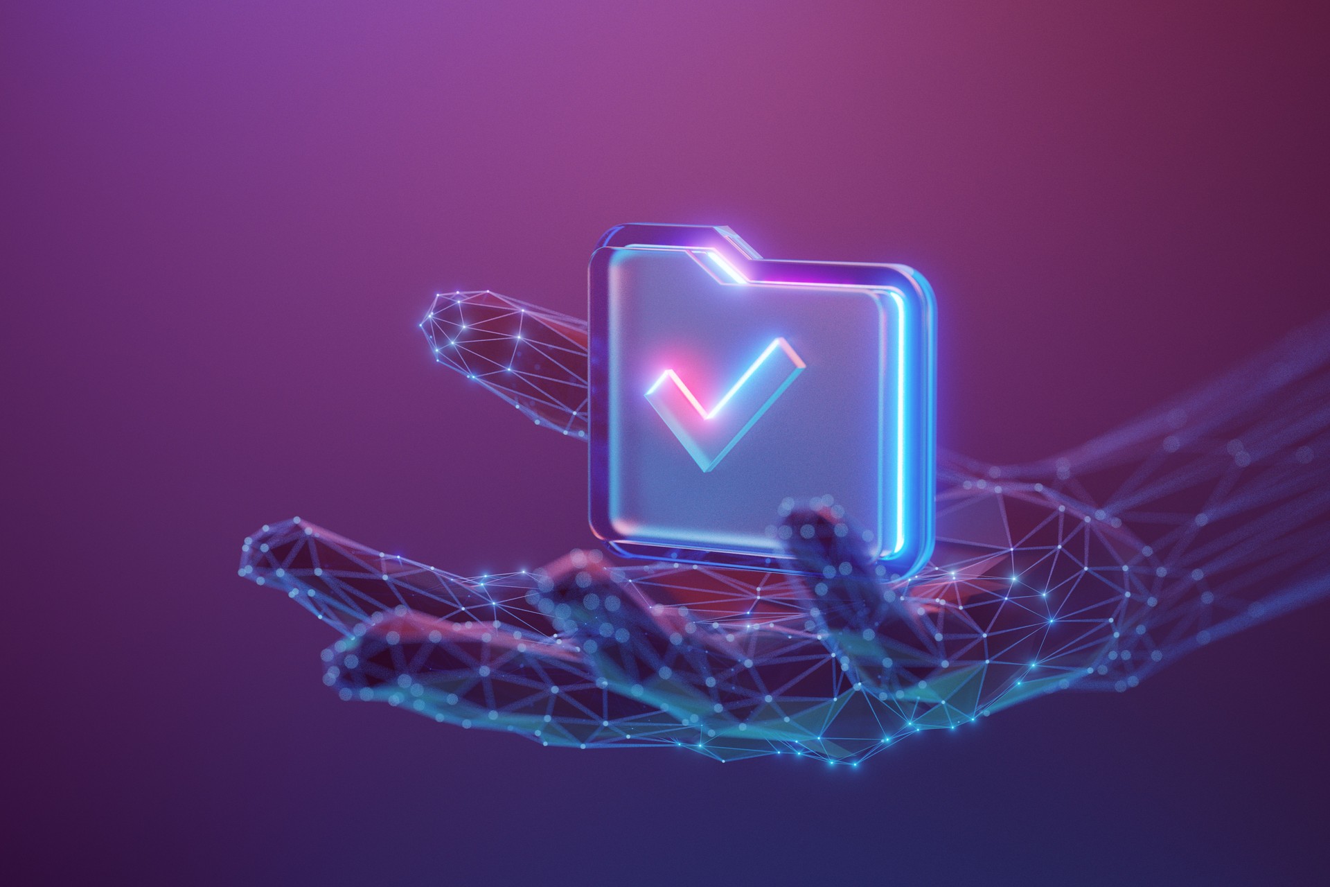 Folder icon with checkmark sign on the abstract human hand made with atom array and plexus effect.